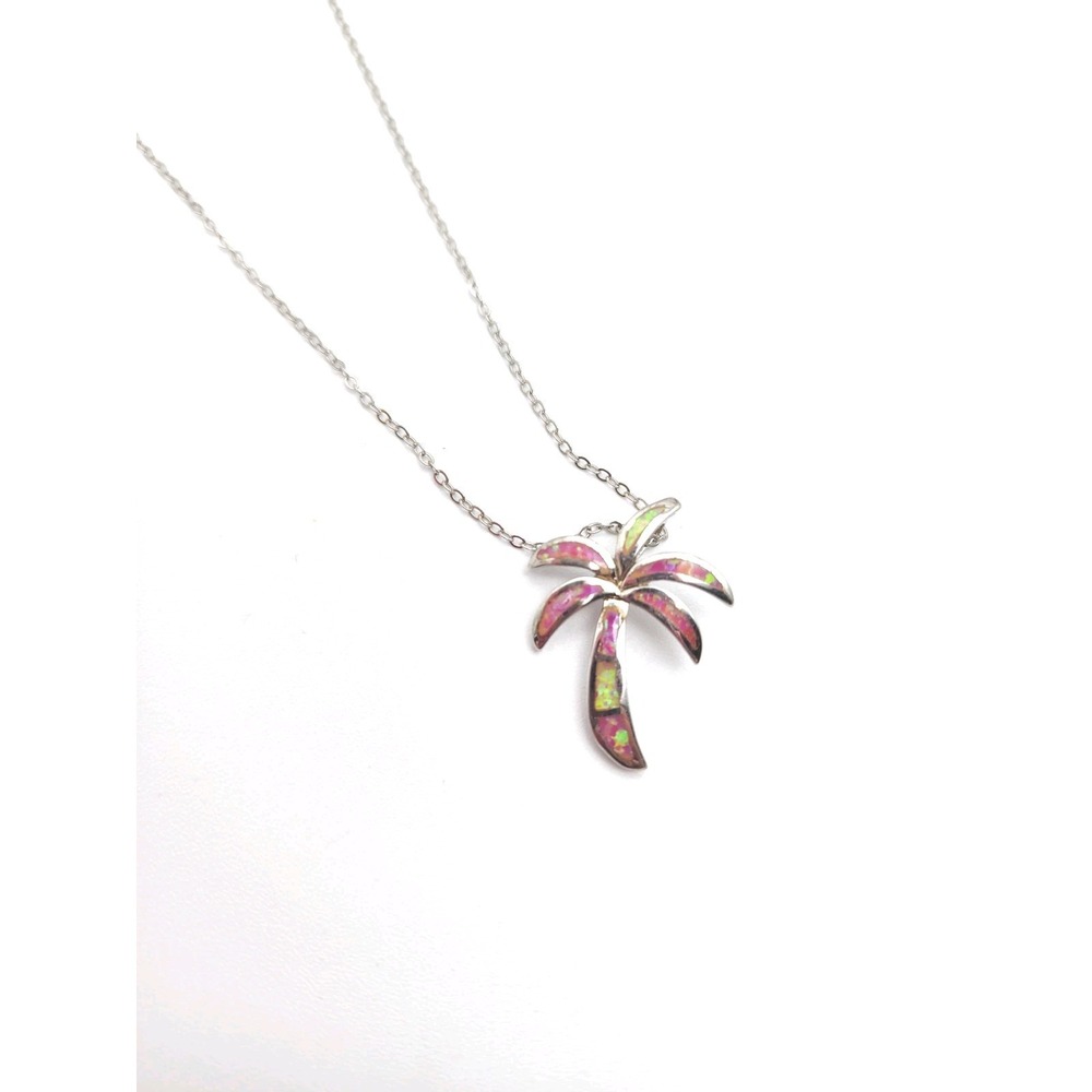 Pink Opal Palm Tree Necklace Sterling Silver 18" Glitter Chain Beach theme
